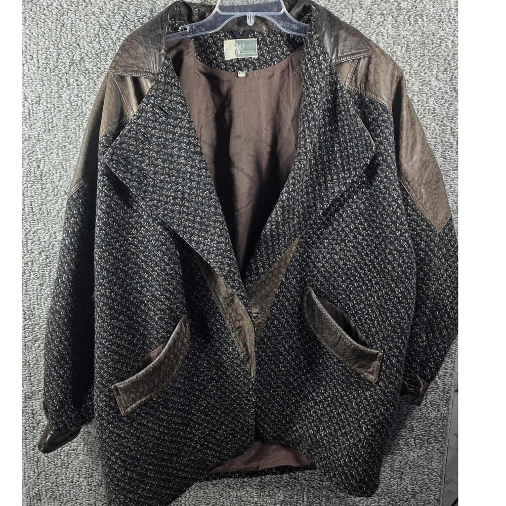 JP Collections Jacket Brown Leather Tweed Oversized Womens 18/20 Made in Uruguay